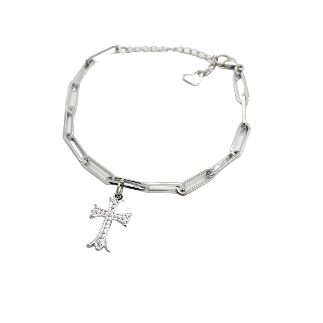 Stainless Steel Adjustable Chain Link Bracelet with Cross