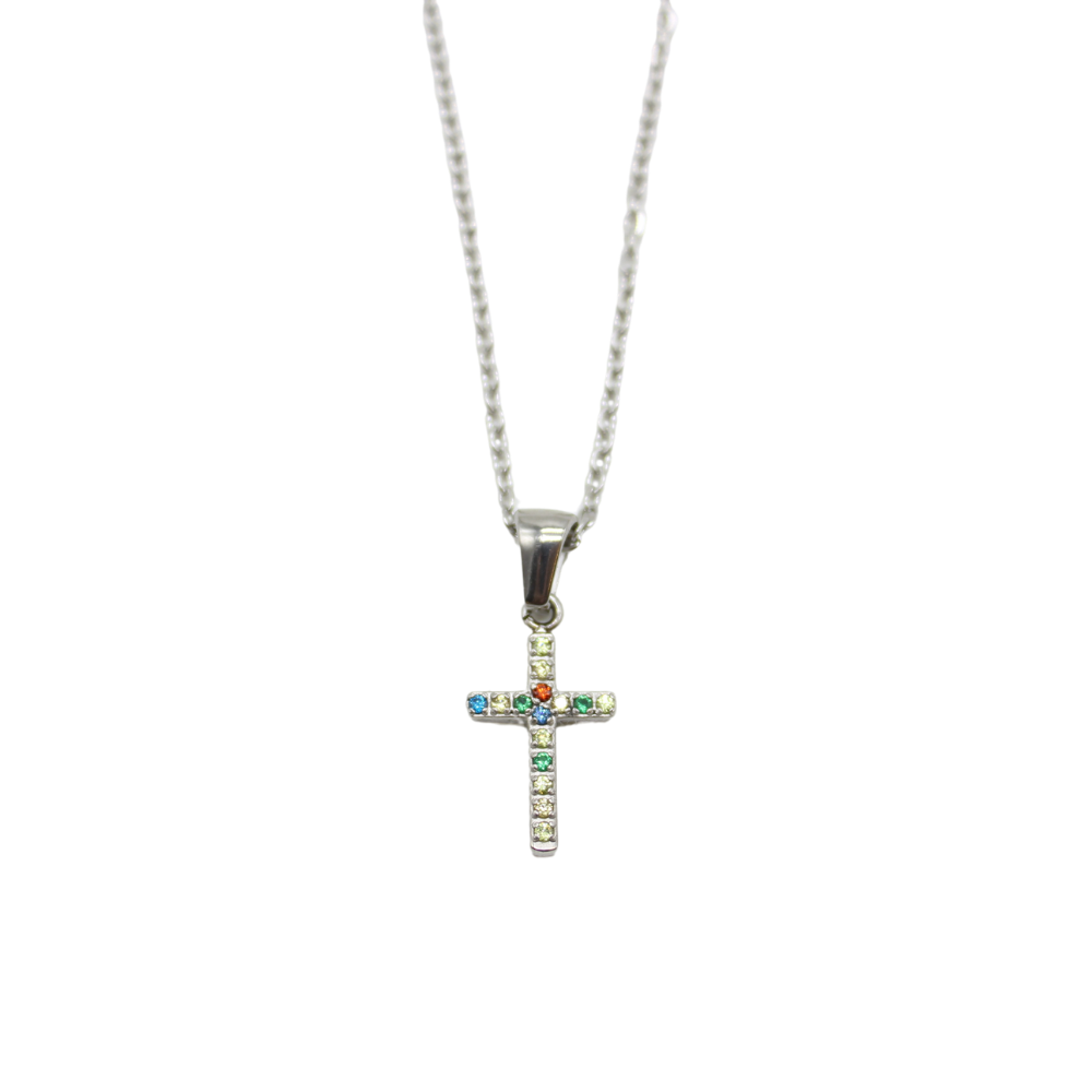 Stainless steel multi color diamante cross with chain