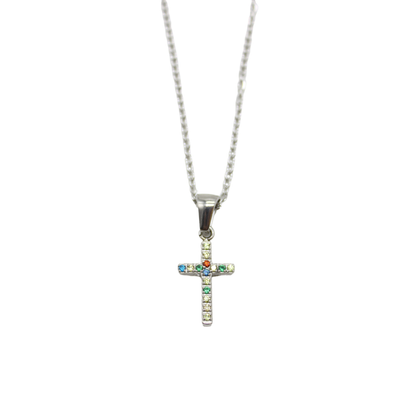 Stainless steel multi color diamante cross with chain