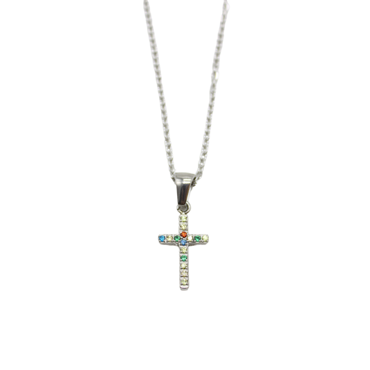 Stainless steel multi color diamante cross with chain