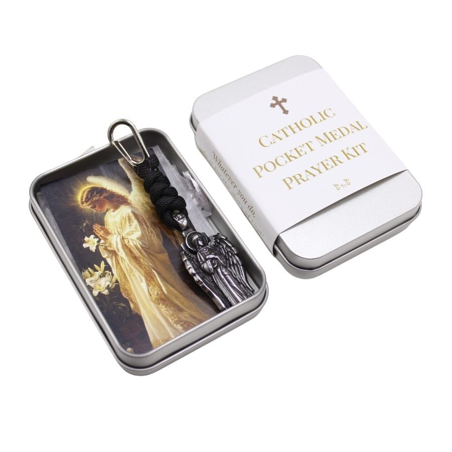 Stainless Steel Catholic Guardian Angel Pocket Medal Prayer Kit (Silver)