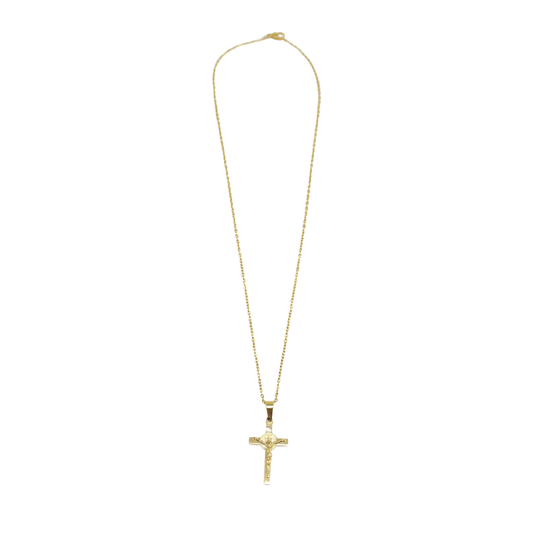 Stainless Steel St Benedict Crucifix/Chain - gold small
