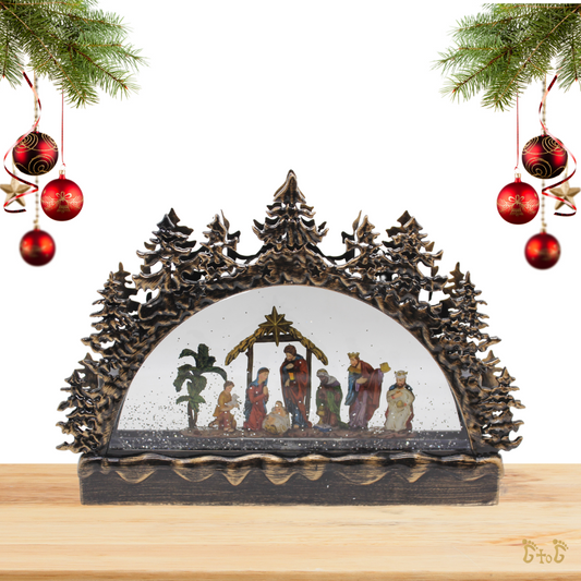 Christmas Nativity Scene Water Globe with Christmas Trees & LED Candles