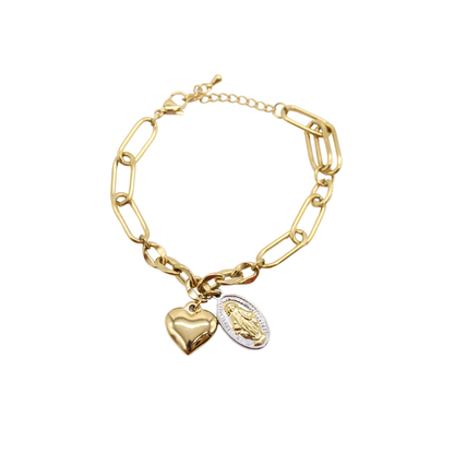 Stainless Steel Miraculous Medal /Heart Charm Bracelet (Gold plated)