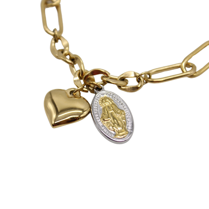 Stainless Steel Miraculous Medal /Heart Charm Bracelet (Gold plated)