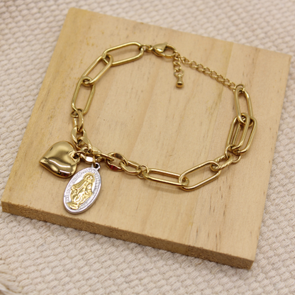 Stainless Steel Miraculous Medal /Heart Charm Bracelet (Gold plated)
