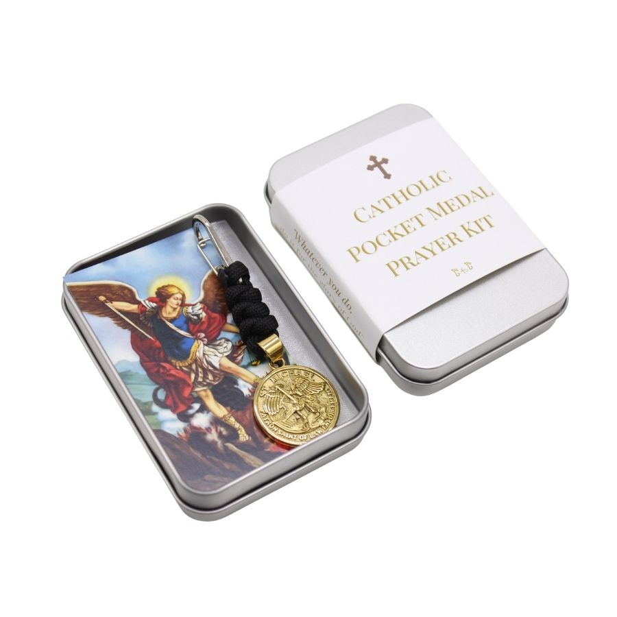 Stainless Steel Catholic St Michael Pocket Medal Prayer Kit  (Round -  Silver/Gold)
