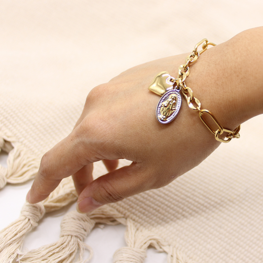 Stainless Steel Miraculous Medal /Heart Charm Bracelet (Gold plated)