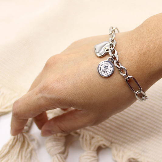 Stainless Steel St Benedict Medal Charm Bracelet (Silver color)