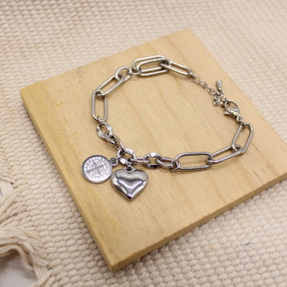 Stainless Steel St Benedict Medal Charm Bracelet (Silver color)