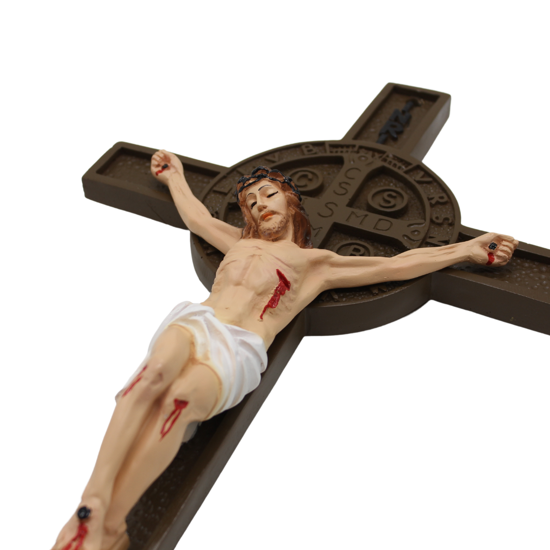 Polystone Handpainted St Benedict Wall Crucifix - 46cm