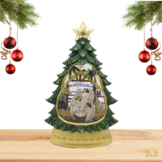 Angels & Baby Jesus in Christmas Tree Water Globe with Lights & Music