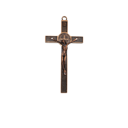 Metal St Benedict Wall Crucifix - 18cm (Brown/Bronze gold/Copper Red)