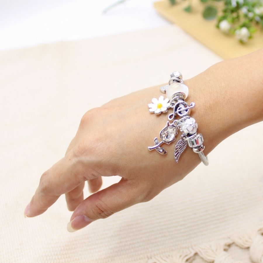 Stainless steel Multiple Charms Bracelet - White Angel Wings