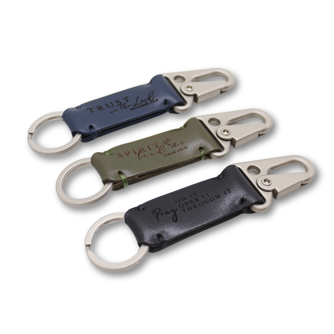 Leather Snaphook Keychain with engraved Bible Verse