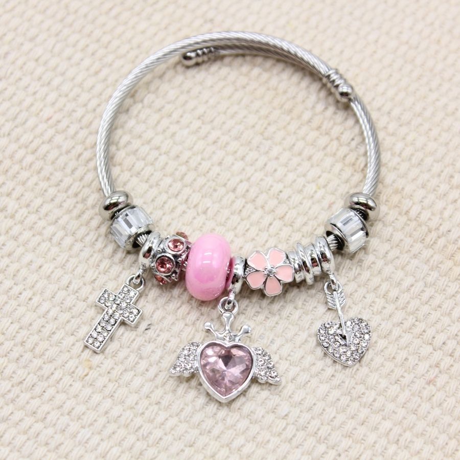 Stainless steel Multiple Charms Bracelet - Pink