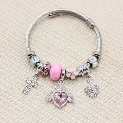 Stainless steel Multiple Charms Bracelet - Pink