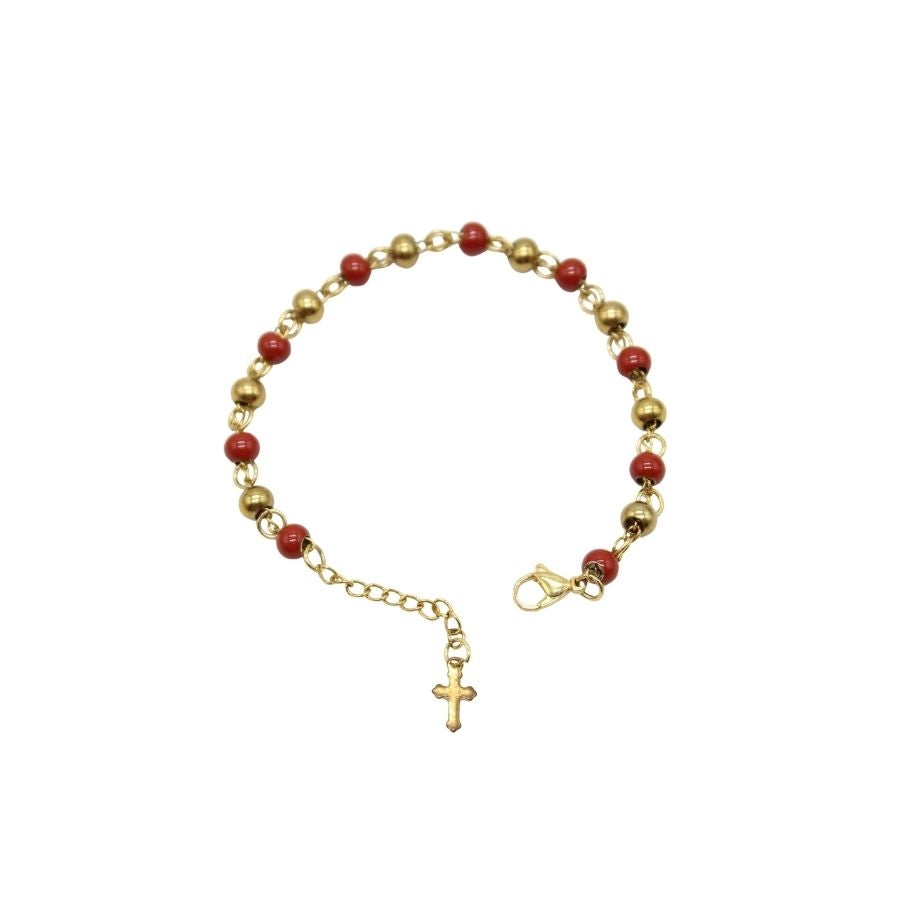 Stainless Steel Beads with Cross Charm Bracelet (Gold plated) - Red/Black