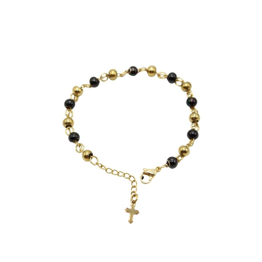Stainless Steel Beads with Cross Charm Bracelet (Gold plated) - Red/Black