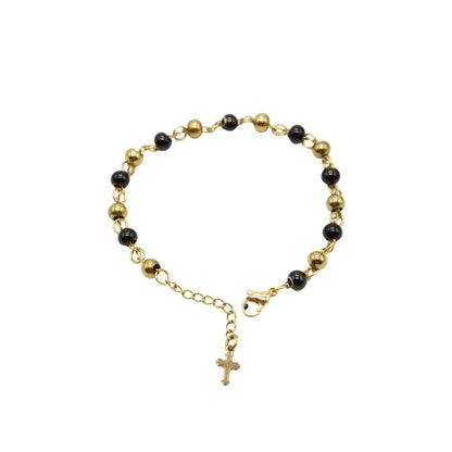 Stainless Steel Beads with Cross Charm Bracelet (Gold plated) - Red/Black