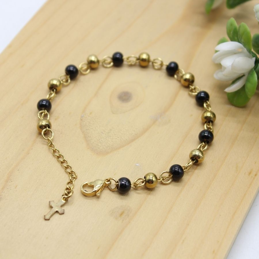 Stainless Steel Beads with Cross Charm Bracelet (Gold plated) - Red/Black