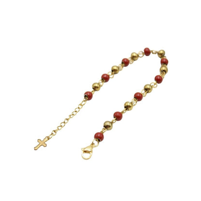 Stainless Steel Beads with Cross Charm Bracelet (Gold plated) - Red/Black