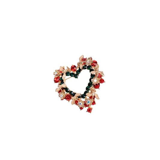 Christmas Heart Shape Wreath  Brooch Pin - 18K Plated