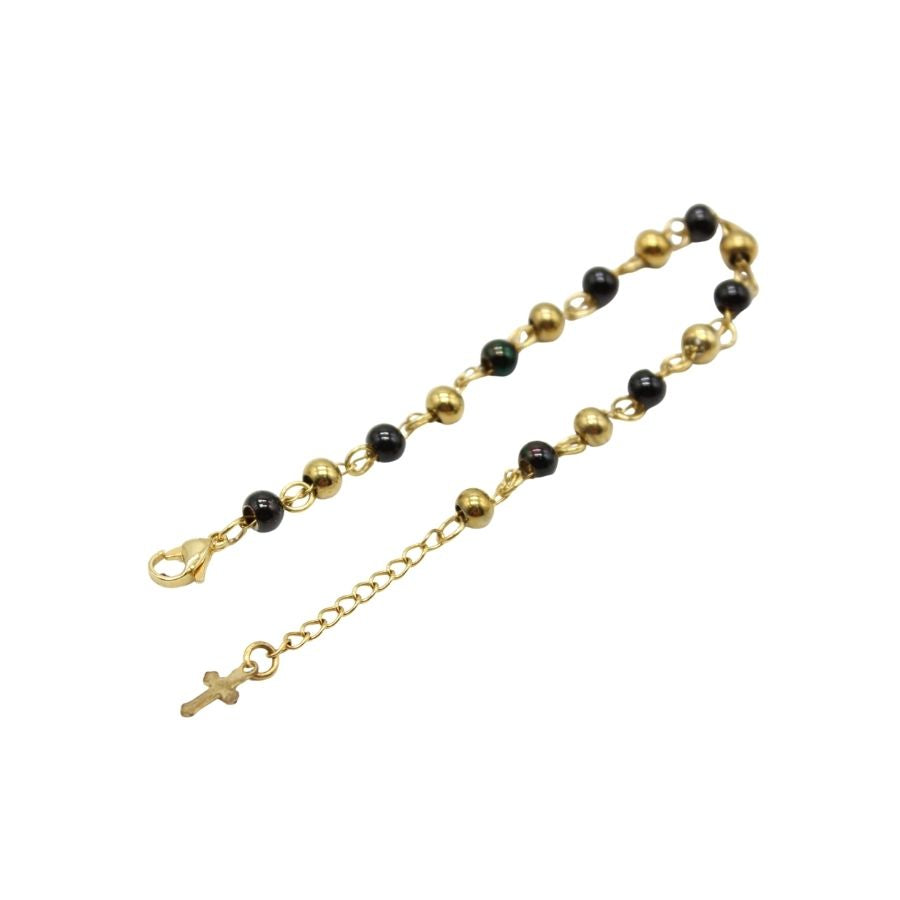 Stainless Steel Beads with Cross Charm Bracelet (Gold plated) - Red/Black