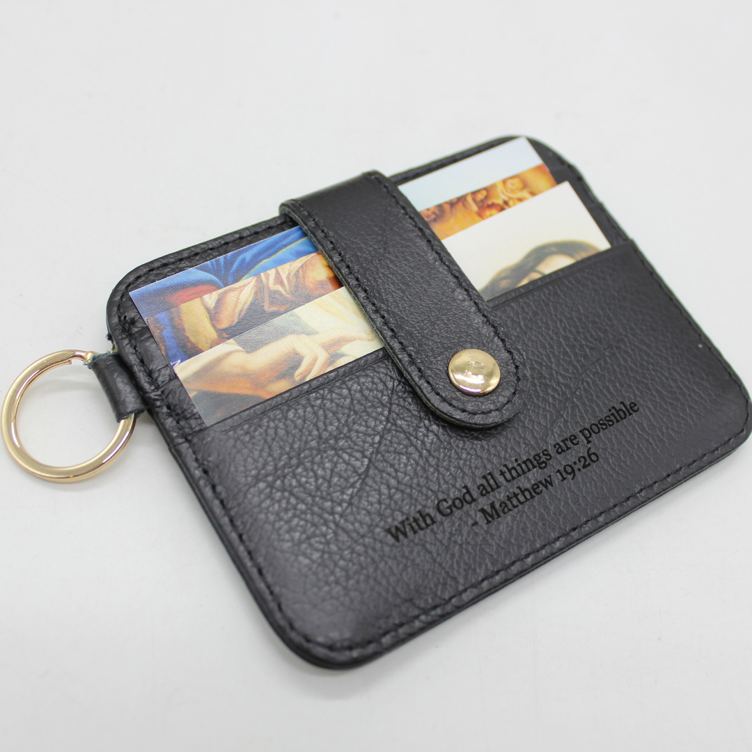 Leather Engraved Rosary/Prayer cards pouch /keychain