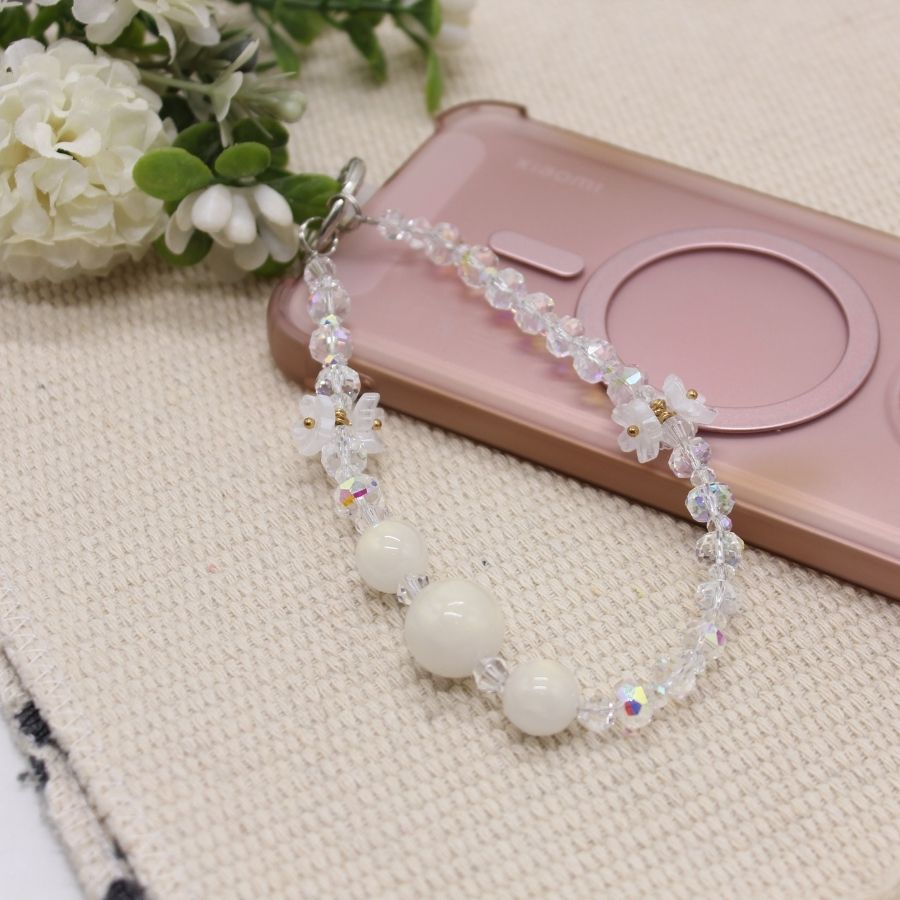 Crystal Pendant Handphone Wrist Chain - White