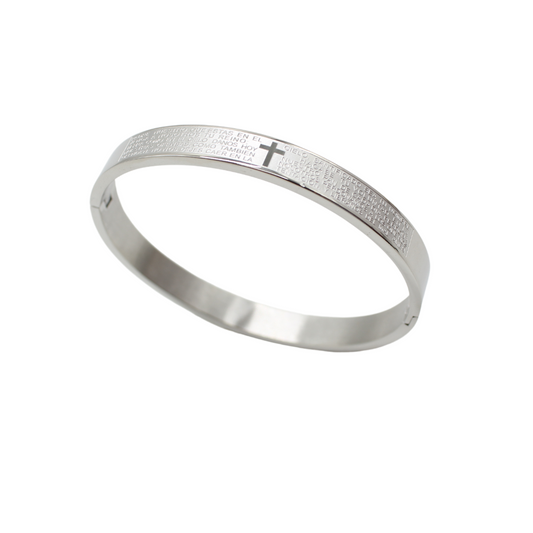 Stainless Steel  Bangle with Our Father's Prayer  (Silver)