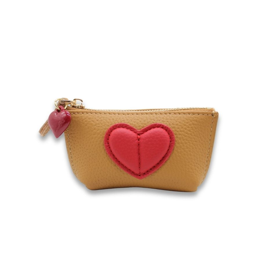 Leather Heart Rosary pouch With Zipper & Keychain - Brown/Black