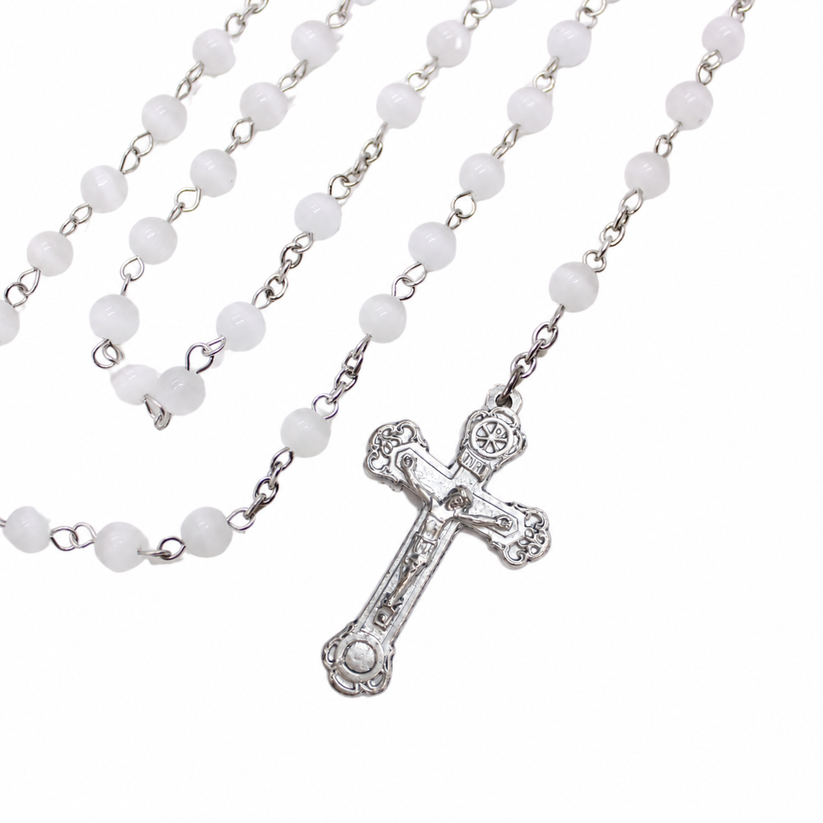 Cat's Eye 6mm White Stone Beads Rosary (Personalisation Available)