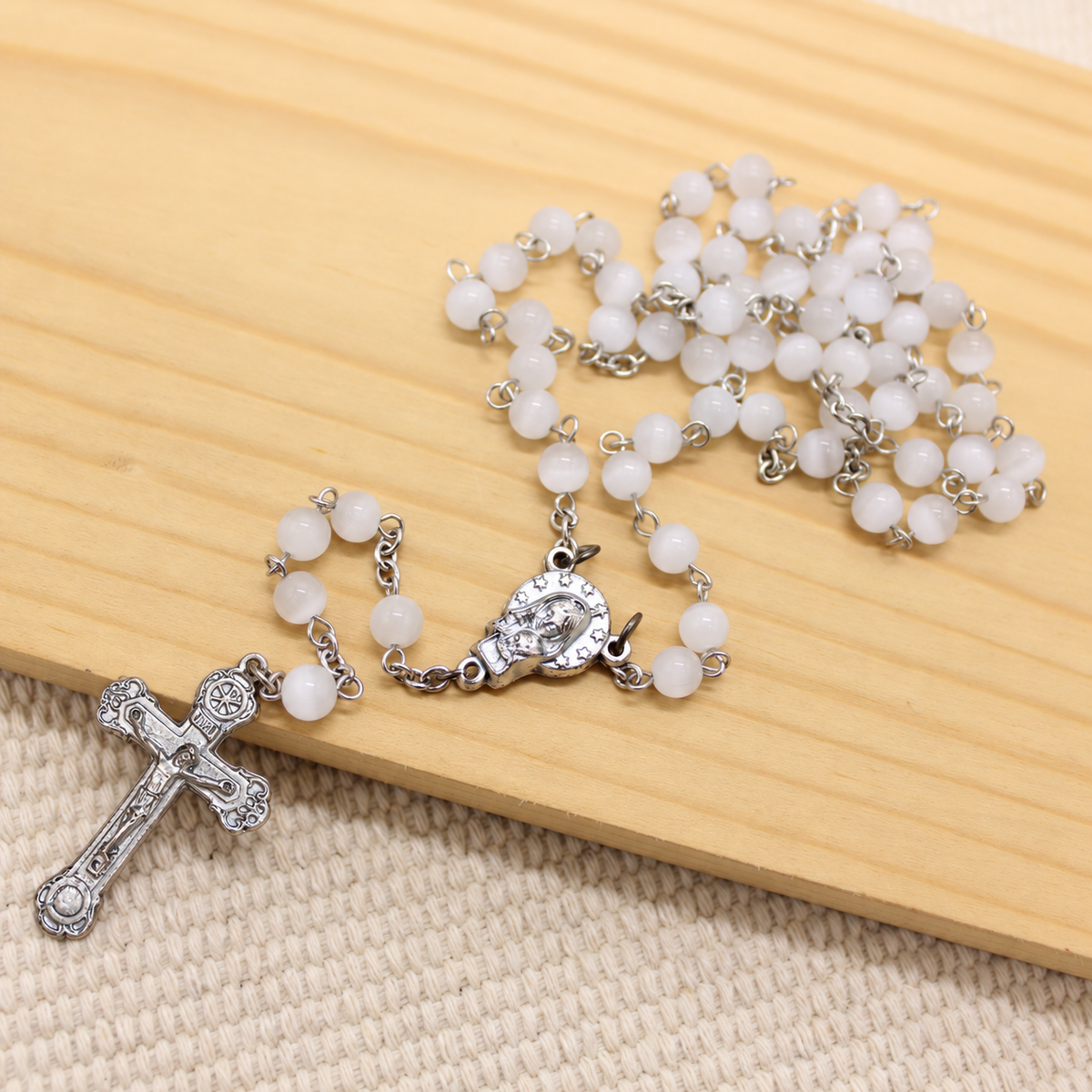 Cat's Eye 6mm White Stone Beads Rosary (Personalisation Available)