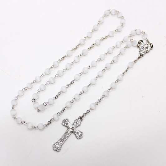 Cat's Eye 6mm White Stone Beads Rosary (Personalisation Available)