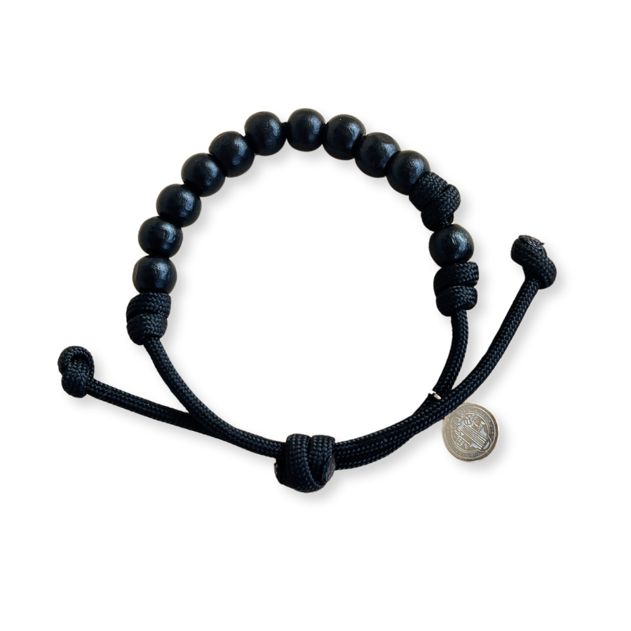 Wood 8mm Beads/Paracord Rosary Bracelet with Stainless steel St Benedict medal - Black Cord (Personalisation Available)