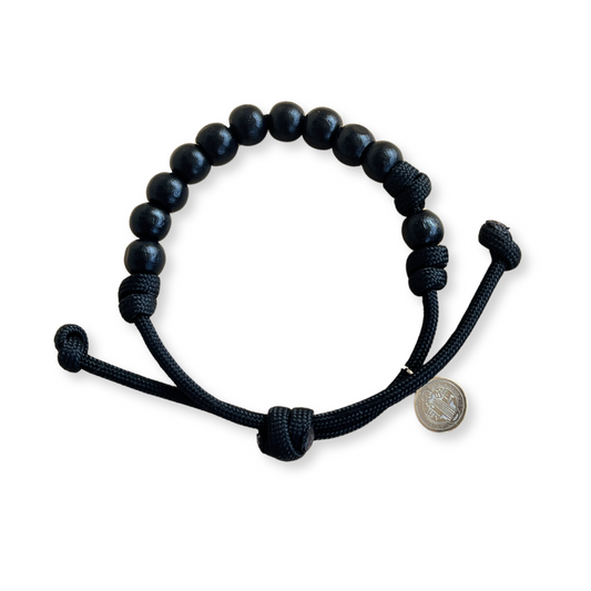 Wood 8mm Beads/Paracord Rosary Bracelet with Stainless steel St Benedict medal - Black Cord (Personalisation Available)