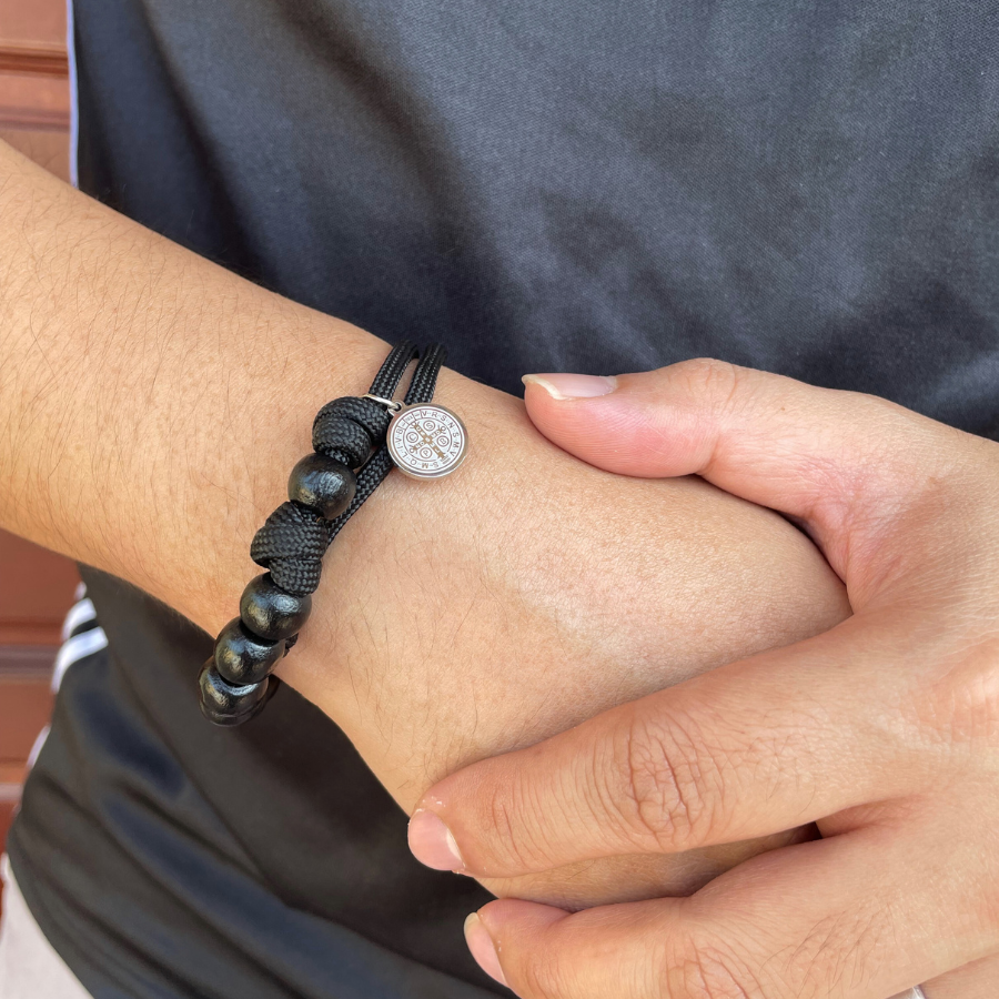 Wood 8mm Beads/Paracord Rosary Bracelet with Stainless steel St Benedict medal - Black Cord (Personalisation Available)