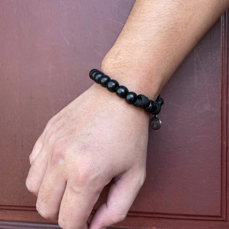Wood 8mm Beads/Paracord Rosary Bracelet with Stainless steel St Benedict medal - Black Cord (Personalisation Available)