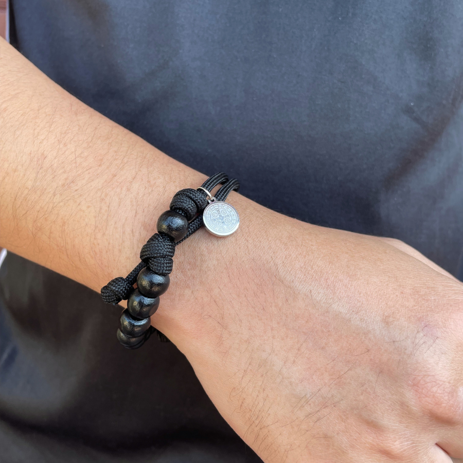 Wood 8mm Beads/Paracord Rosary Bracelet with Stainless steel St Benedict medal - Black Cord (Personalisation Available)
