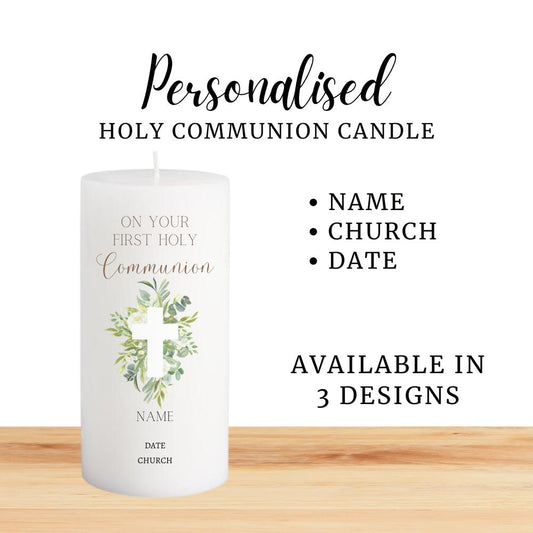 Personalised White Pillar Candle for First Holy Communion 14cm