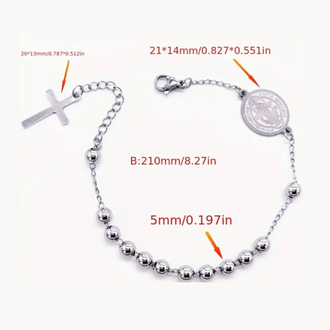 Stainless Steel 6mm Beads Rosary Bracelet with St Benedict Medal