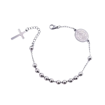Stainless Steel 6mm Beads Rosary Bracelet with St Benedict Medal