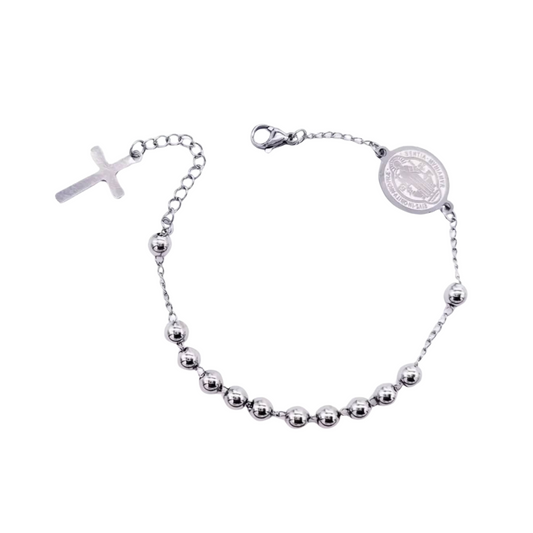 Stainless Steel 6mm Beads Rosary Bracelet with St Benedict Medal