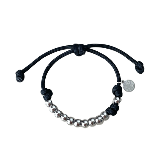 Stainless Steel Beads/Paracord Rosary Bracelet - Silver/Black Cord (Personalisation Available)