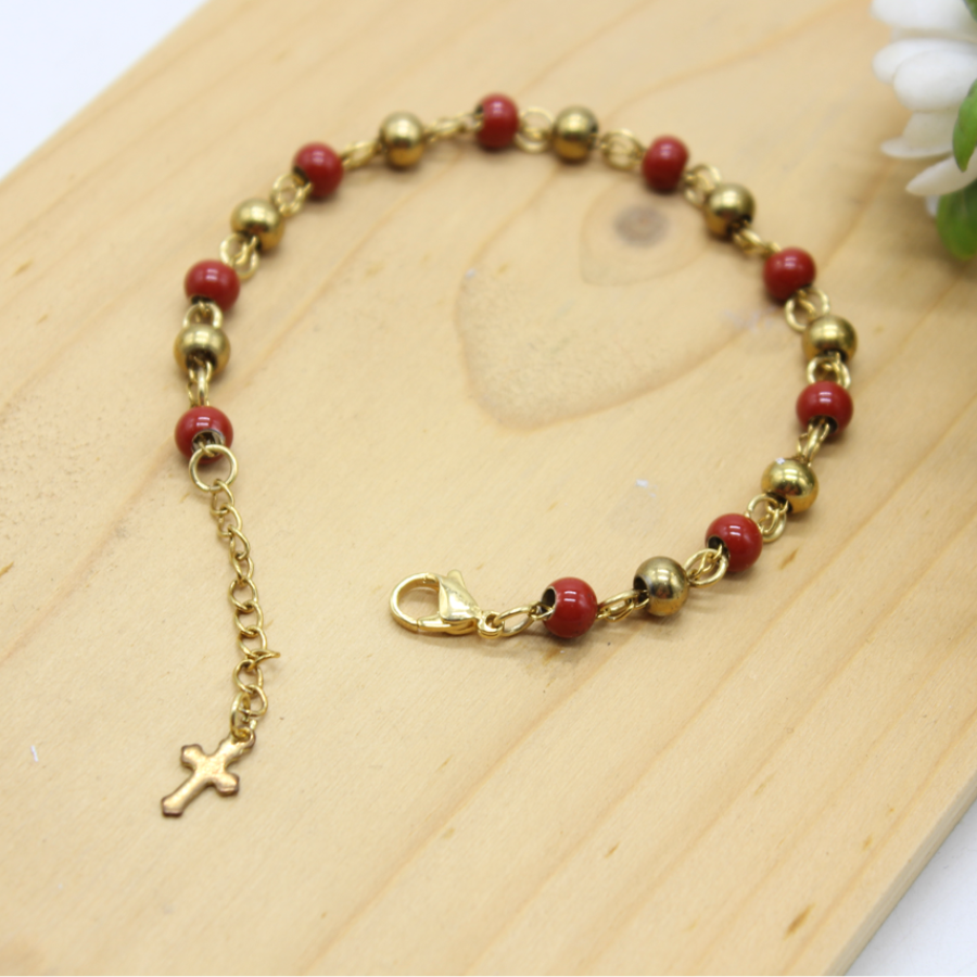 Stainless Steel Beads with Cross Charm Bracelet (Gold plated) - Red/Black
