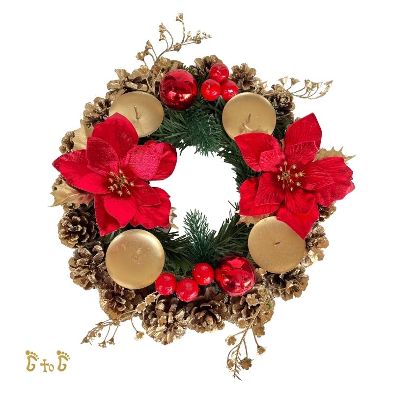 [EARLY BIRD OFFER] Christmas Advent Wreath 11" (Red Poinsettias) + 4 Advent Candles (FOC Nativity Ceramic Cross)