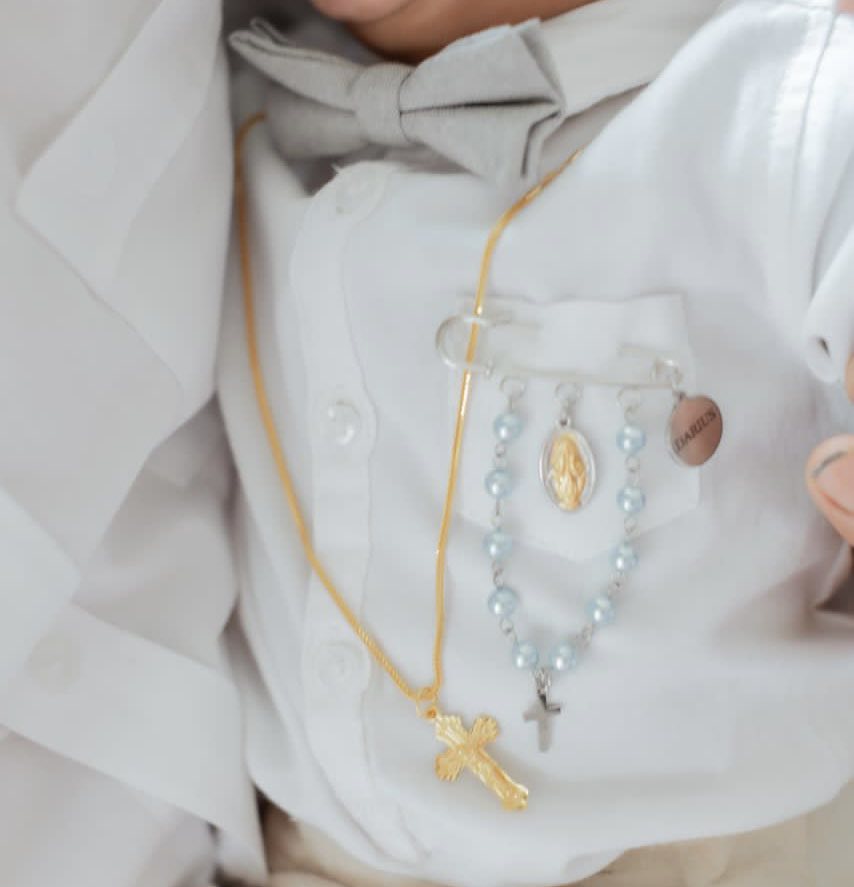 Baby Rosary Brooch/Miraculous Medal (Swaroski Pearl White/Pearl Pink)
