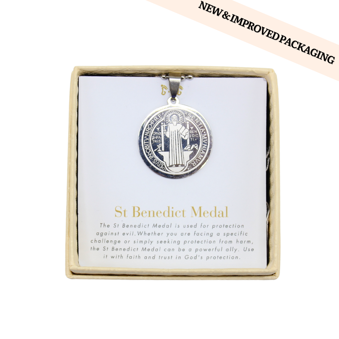 Stainless Steel St Benedict Medal/Chain set 1.5cm/2cm/2.6cm