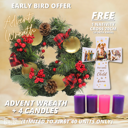 [EARLY BIRD OFFER] Christmas Advent Wreath 13" (Red Pinecones berries) + 4 Advent Candles (FOC Nativity Ceramic Cross)